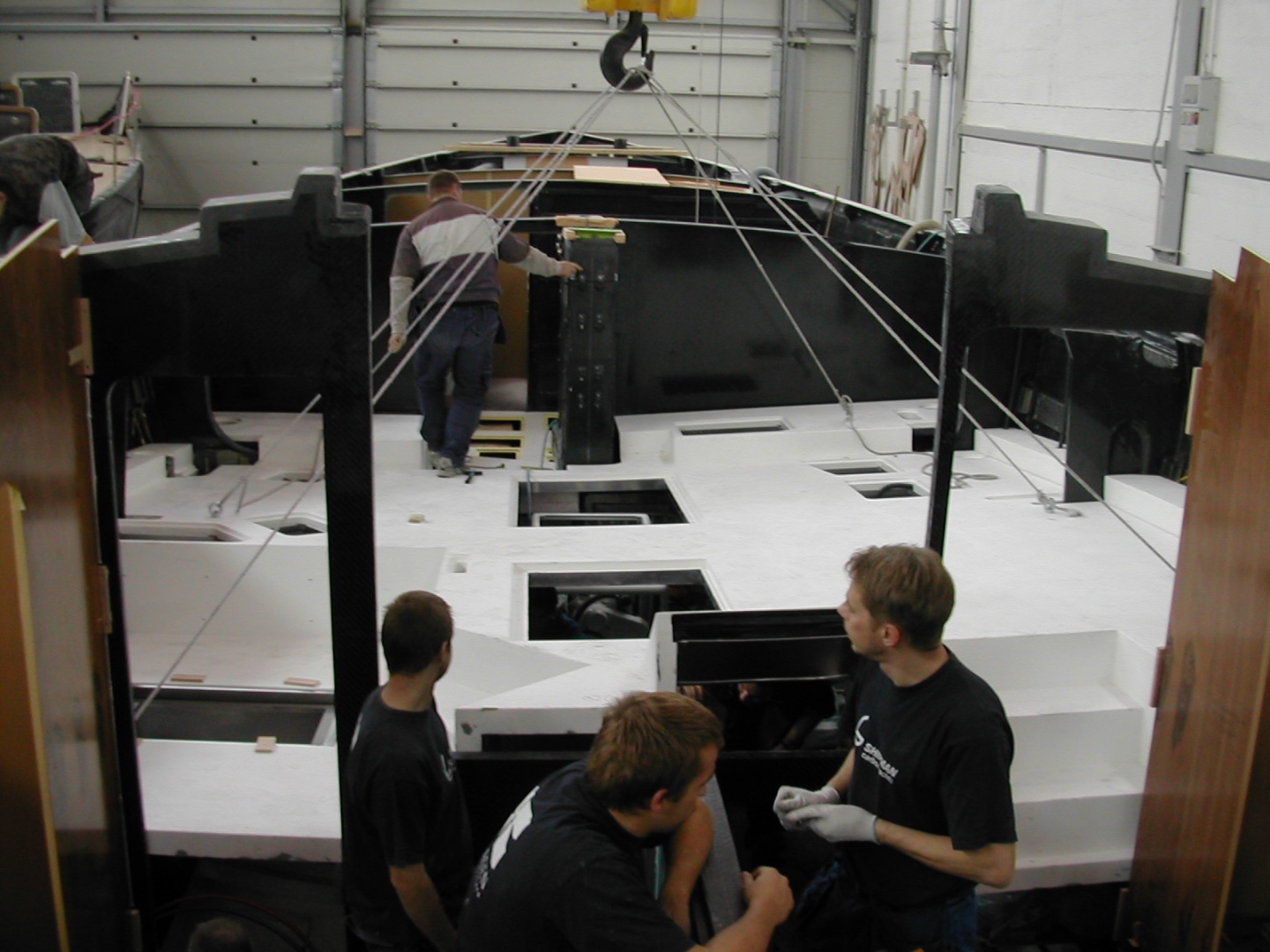 Seaway engineers inside the carbon hull during construction